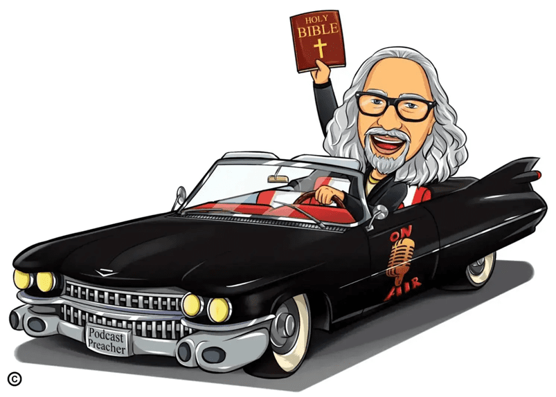 A cartoon of an old car with a man in the driver 's seat holding up a sign.