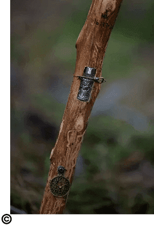 A close up of the side of a stick with a metal object on it.